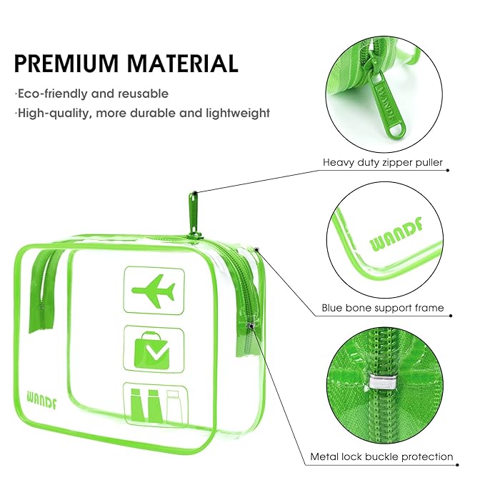 TSA Approved Clear Travel Toiletry Bag wih Zippers Carry-on Travel Accessories Quart Size Toiletries Cosmetic Pouch Makeup Bags for Men and Women (2pcs Green)