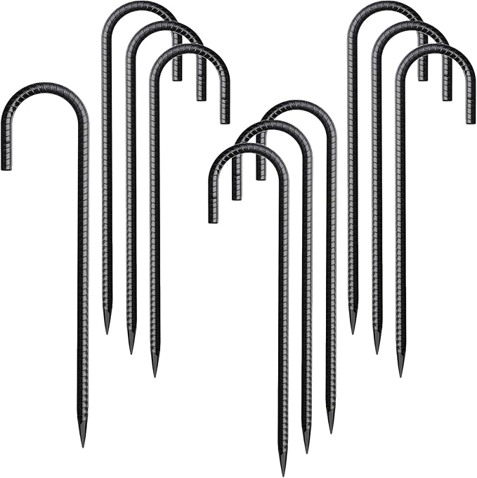Rebar Stakes 12 Inch 10 Pack Tent Stakes Heavy Duty Metal J Hook, Fence Stakes for Trampoline, Fence, Camping Tent (10, J-12 x5/16 Black)