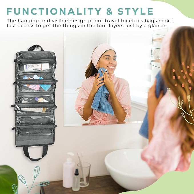 4-in-1 Hanging Toiletry bag - Roll-Up Makeup Bag - 4 Detachable PVC Zip Pouches – 600D Oxford Fabric, Versatile Travel Toiletry Organizer Bag - Makeup, Cosmetics, First Aid, Medicine Personal Care,…