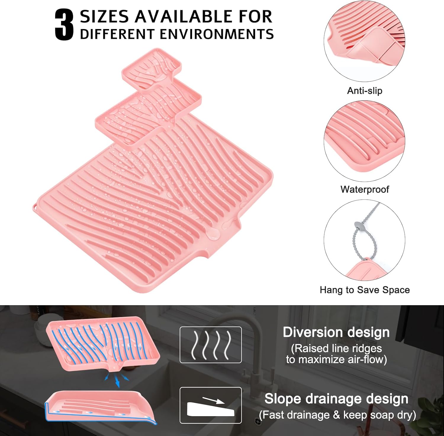 Silicone Dish Drying Mat for Kitchen Counter, Dish Drying Pad, Non-Slip Drain Pad with Built-in Drain, Heat Resistant Stone Drying Mat, 3 pcs (Pink)