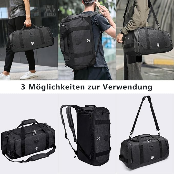 Gym Duffle Bag Backpack Waterproof Sports Duffel Bags Travel Weekender Bag for Men Women Overnight Bag with Shoes Compartment Black