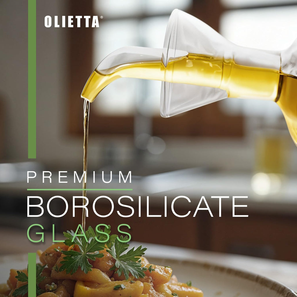 Olive Oil Dispenser Bottle Olietta Borosilicate Glass - 8.5 oz 250ml Non Drip Dispenser - Leak Proof Pourer Vinegar Drizzler Cruet - Easy Clean Drip Free Bottles for Kitchen