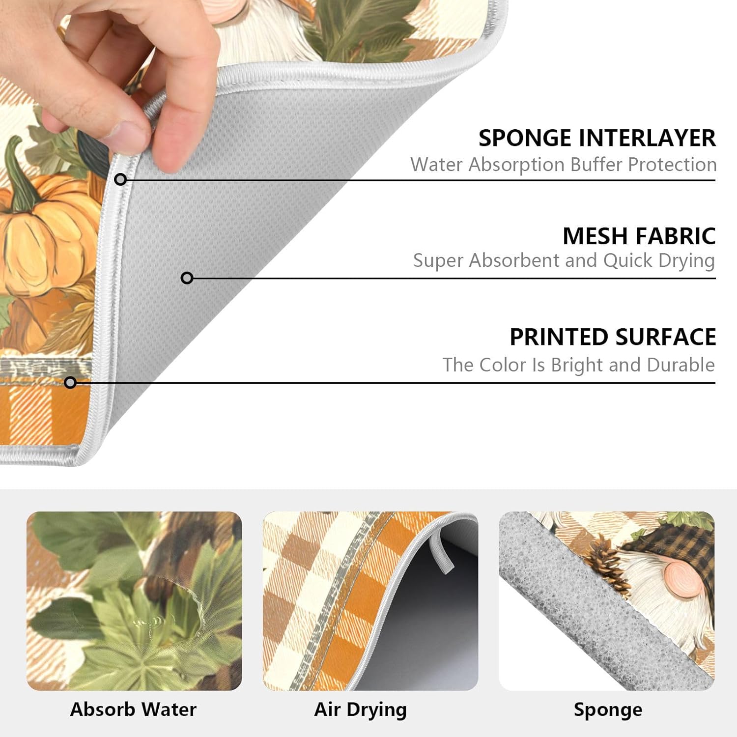 Fall Pumpkin Gnomes Maple Leaves Autumn2 Dish Drying Mat for Kitchen Counter Absorbent Microfiber Large Drying Pad Dish mats for Kitchen Countertops 18 x 24 Inch