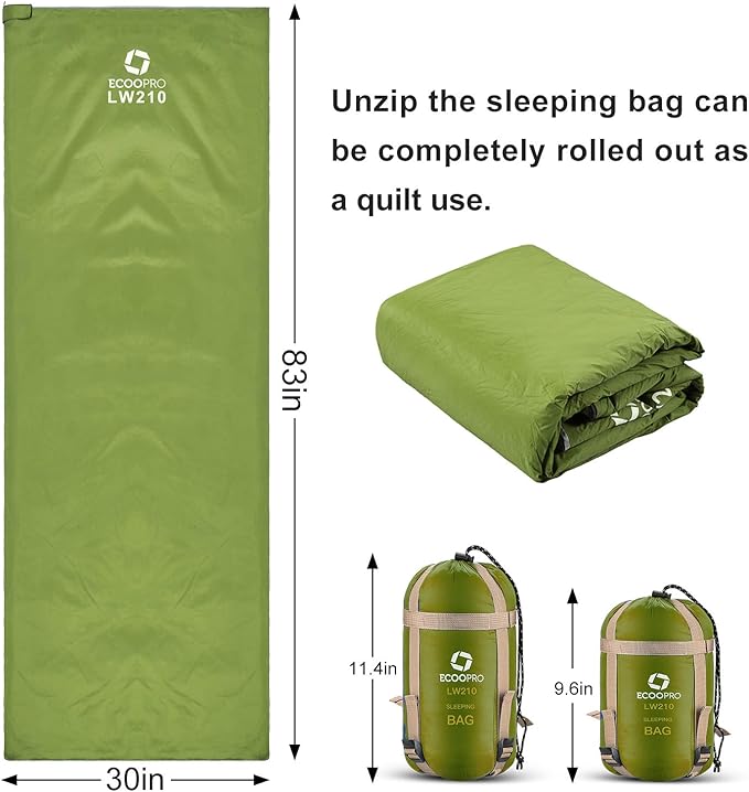 ECOOPRO Warm Weather Sleeping Bag - Portable, Waterproof, Compact Lightweight, Comfort with Compression Sack - Great for Outdoor Camping, Backpacking & Hiking-83 L x 30" W Fits Adults