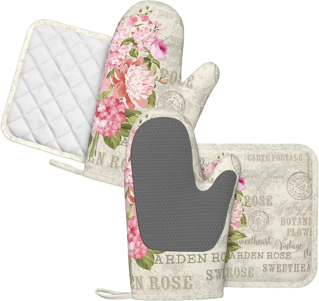 Rose Leaf Vintage Oven Mitts and Pot Holders 4 pcs Set Silicone Flowers Elegant Postcard Rose Kitchen Oven Mitt Gloves Pot Holders Non-Slip Heat Resistant Cooking Mitts Set for Kitchen BBQ