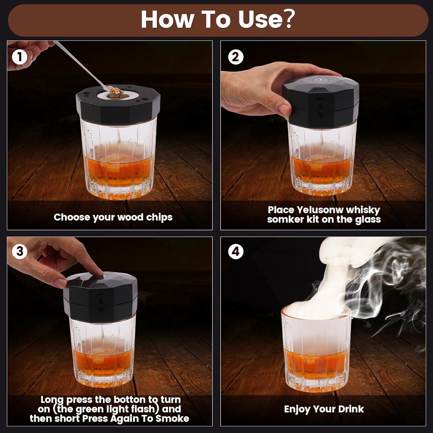 Whiskey Smoker Kit - Electric Cocktail Kit with 6 Flavors Wood Chips, Rechargeable Old Fashioned Smoker Kit Built-in Lighter, Anniversary Birthday Christmas Gifts for Men