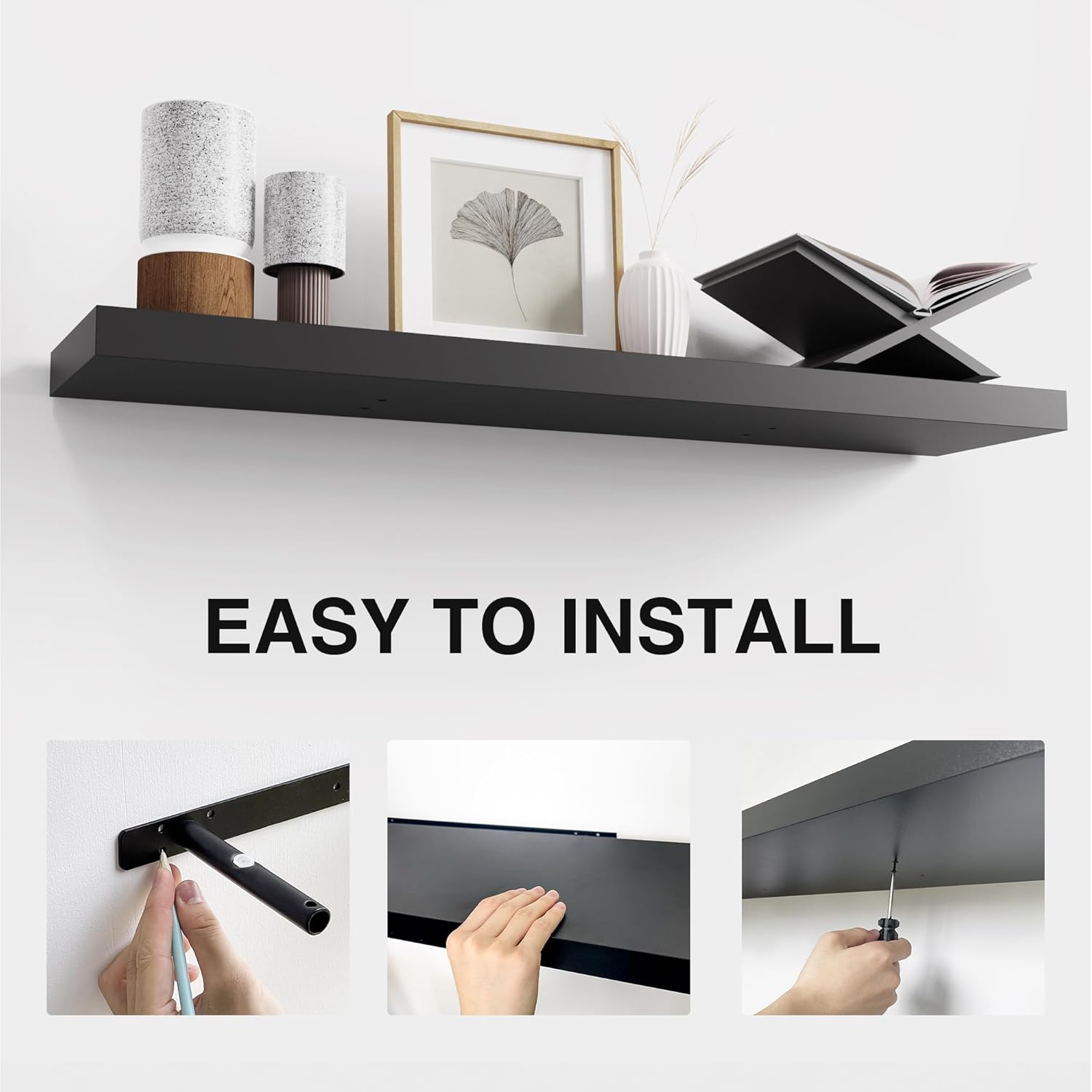 Colima Floating Shelves for Wall Black Wood Shelf for Bedroom, 36 Inch Wall Mounted Floating Shelves for Bathroom Living Room Kitchen Office, 1.3" Thick Floating Book Shelves for Wall, Set of 3