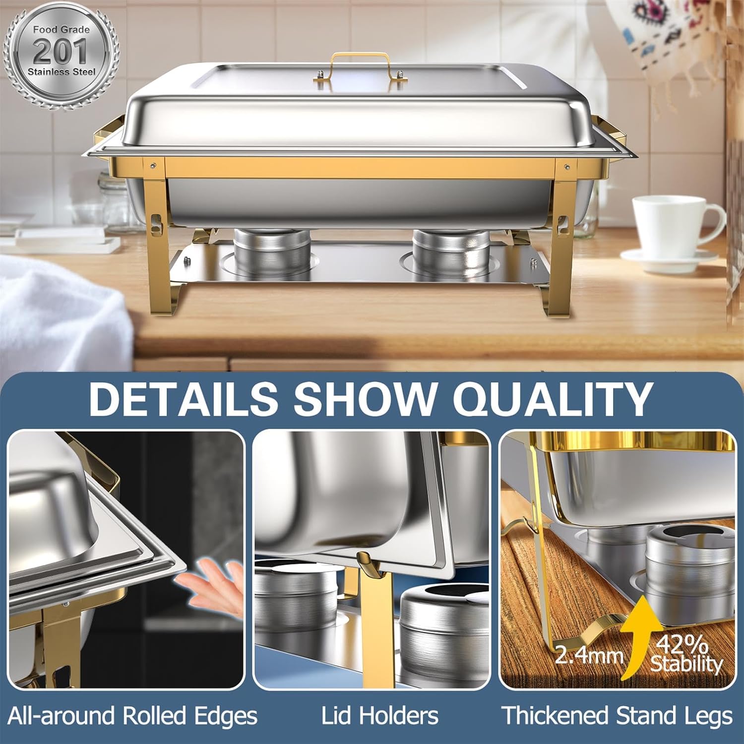 SIOTMERA 9QT Chafing Dishes for Buffet 4 Pack, Multiple Food Pans Thickened Stable Stainless Steel Chafing Dish Buffet Set, Rolled Edge Design Food Warmers for Party Catering Weddings, Gold and Silver