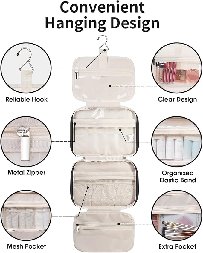 Travel Toiletry Bag for Women Large Hanging Makeup Bag Organizer Toiletries Bag for Full Size Essentials Accessories Cosmetics (Black (Large))