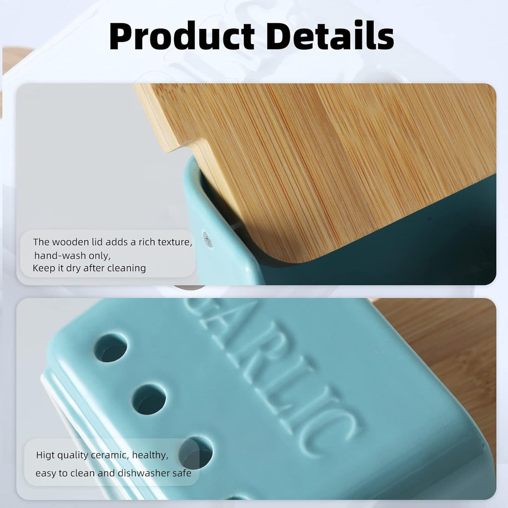 ONTUBE Garlic Keeper with Lid, Ceramic Garlic Holder Storage, Garlic Container for Kitchen, Garlic Saver to Keep Your Garlic Cloves Fresh Longer 4.7-Inch, Turquoise