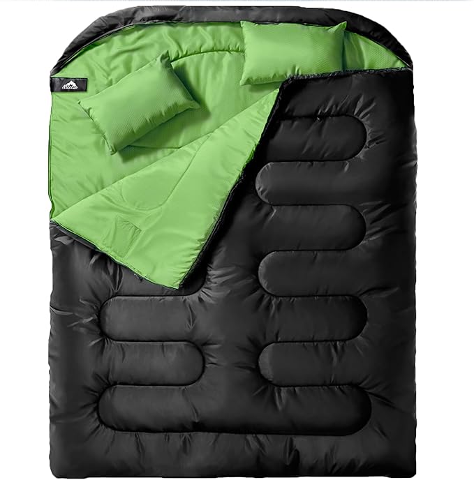 MEREZA Double Sleeping Bag for Adults Mens with Pillow, XL Queen Size Two Person Sleeping Bag for All Season Camping Hiking Backpacking 2 Person Sleeping Bags for Cold Weather & Warm