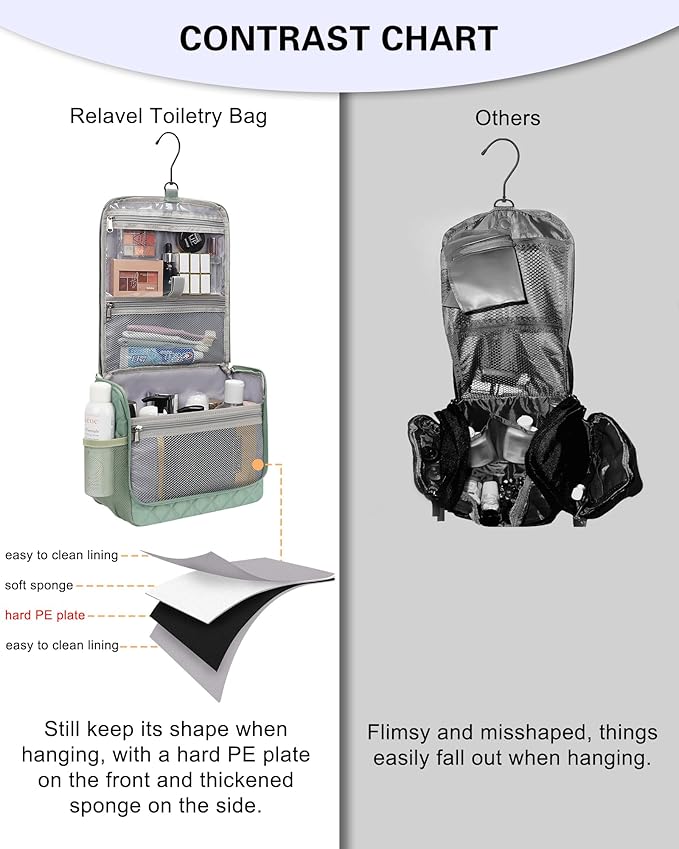 Relavel Toiletry Bag for Men, Hanging Travel Makeup Bag for Women, Waterproof Large Cosmetic Organizer Multiple Compartments for Accessories, Full Sized Toiletries Dopp Kit Shaving Bag (Green, Medium)