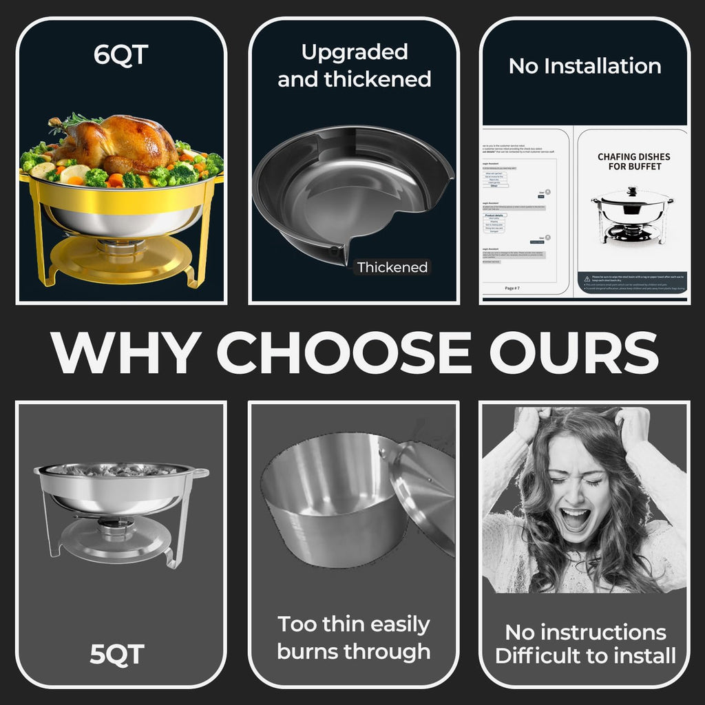 Chafing Dishes Buffet Set 4 Pack 6QT, Stainless Steel Food Warmers for Catering, Parties & Events, Gold and Silver Colors Chafing Dish Buffet Set