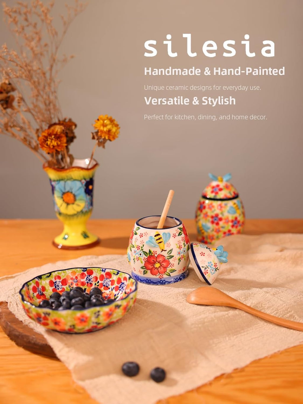 silesia Handmade Honey Jar with Lid, 10 Ounce Ceramic Hand-Painted Honey Containers with Wooden Dipper, Honey Pot Set for Home and Kitchen in Gift Box, Dishwasher Safe, Flowers Red