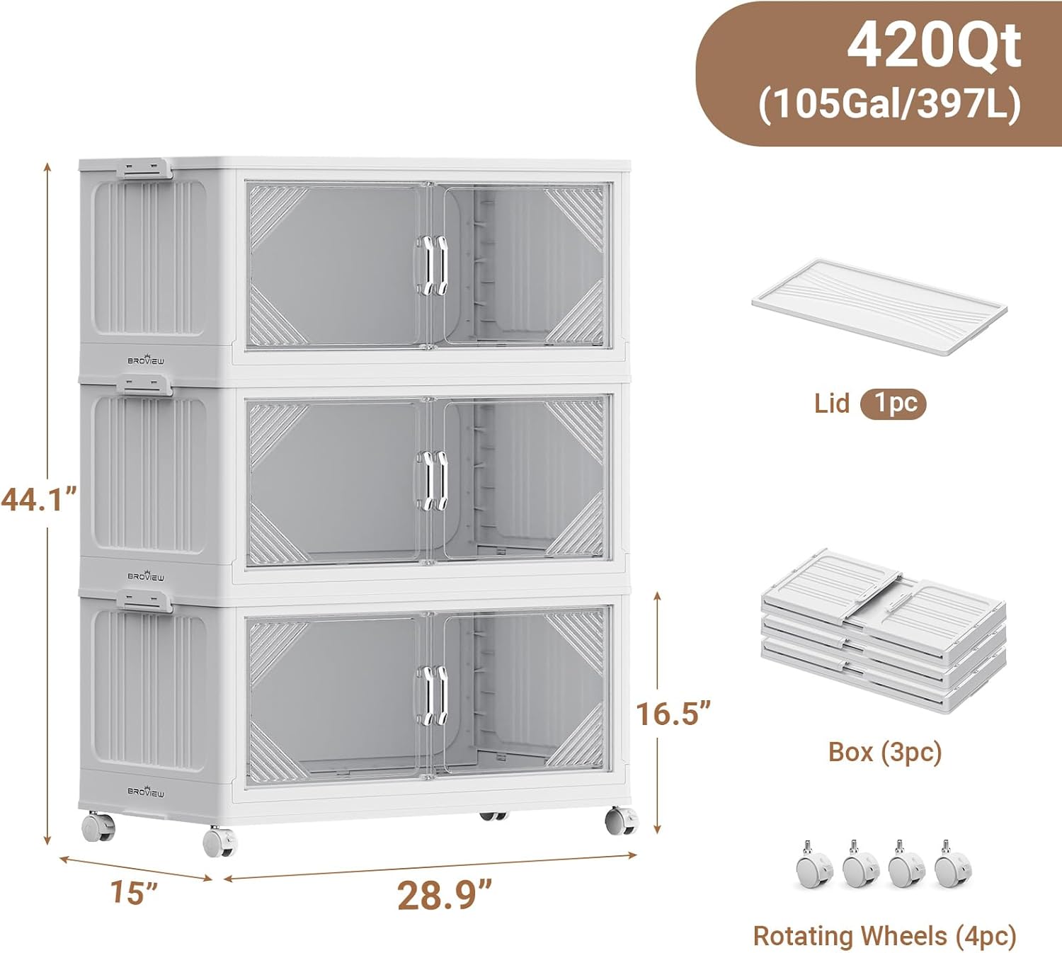 105Gal Plastic Stackable Storage Bins with Lid, 420QT Extra Large Closet Organizers Collapsible Cabinets Boxes With Drawers, Foldable Containers with 4x Wheels for Home Kitchen, V60 3Pack White