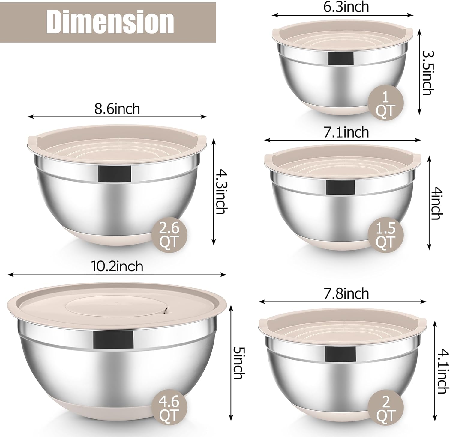 E-far Stainless Steel Mixing Bowls with Lids Set, 5-Piece Nesting Salad Bowls with 3 Grater Attachments and Non-Slip Bottoms, Size 4.6, 2.6, 2, 1.5, 1QT for Kitchen (Khaki)