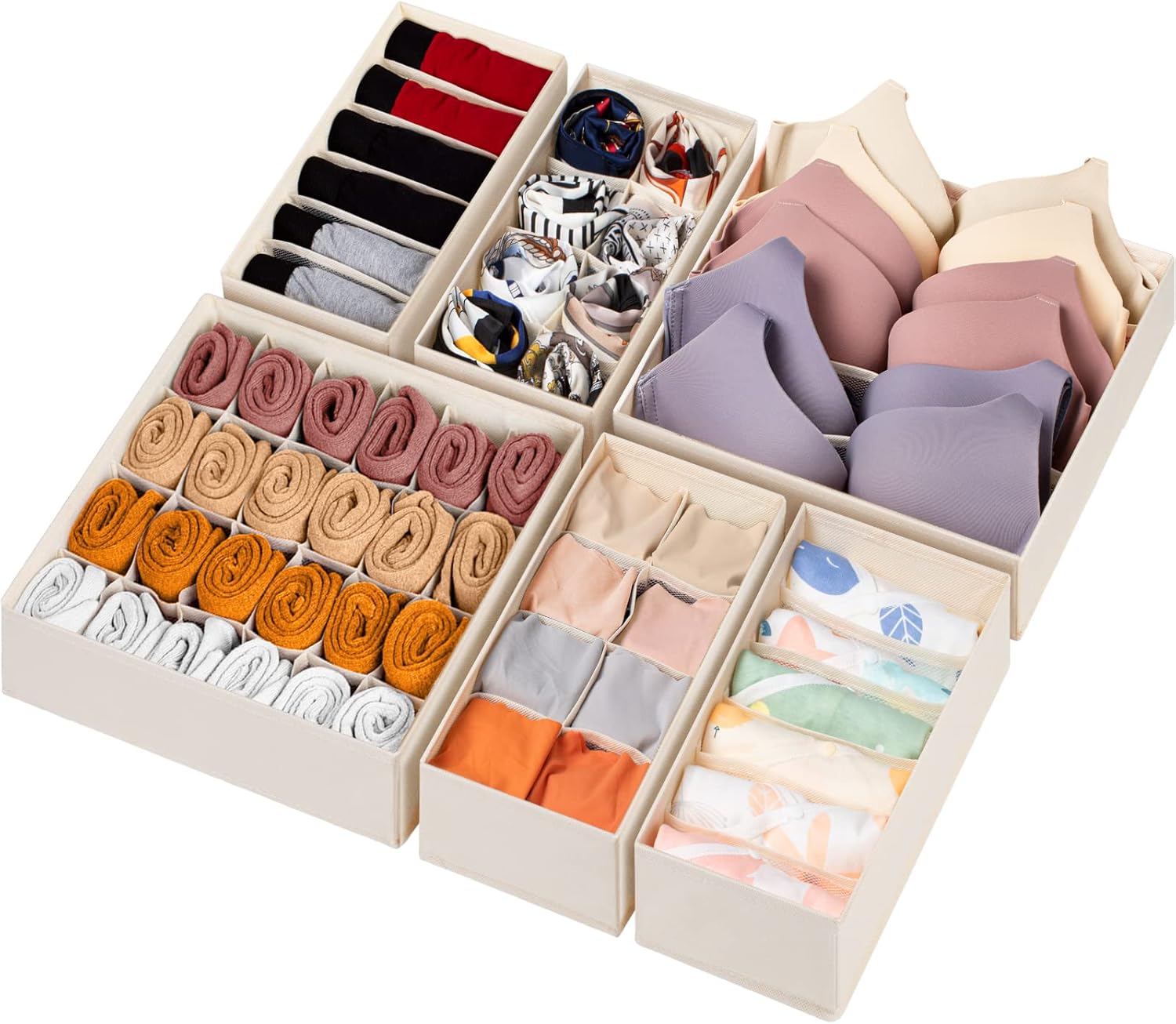 6 Pack Sock Underwear Drawer Organizer Dividers, 58 Cell Foldable Fabric Dresser Closet Organizers and Storage Bins for Clothing, Baby Clothes, Bra, Panty, Scarf, Ties (Beige)