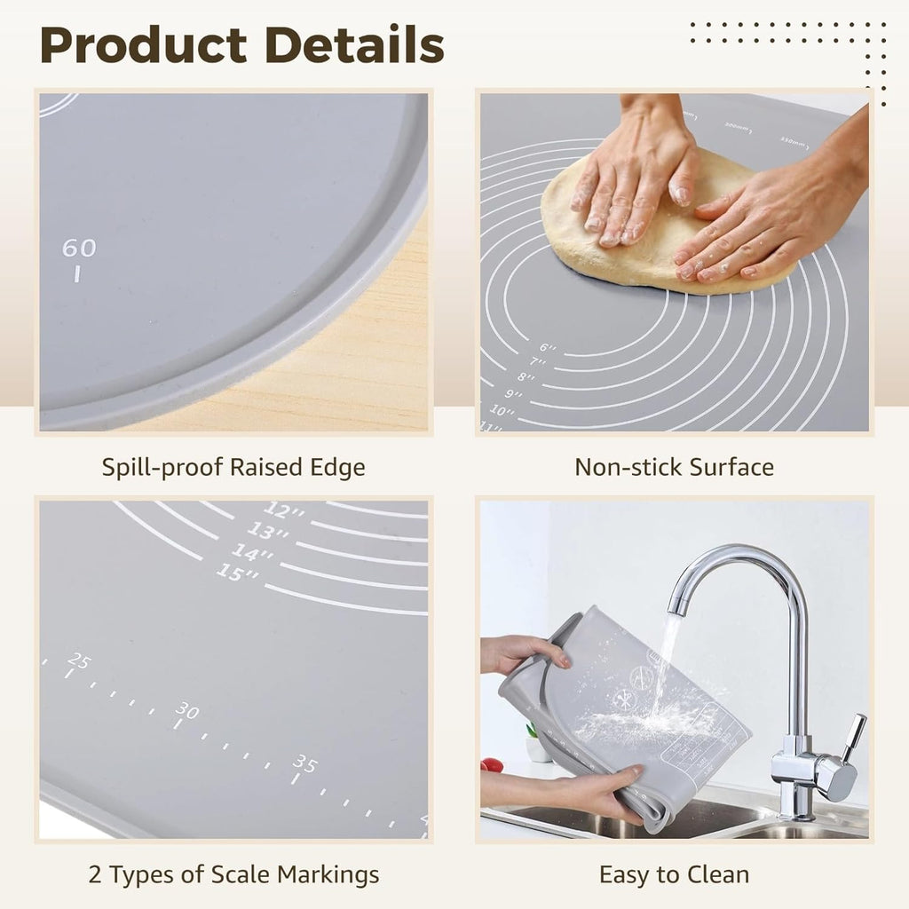 Large Silicone Baking Mat, 31.5×23.6" Non-stick Dough Rolling Mat with Measurements, Extra Thick Kneading Mat with Raised Edges, Heat-resistant Countertop Pastry Mat with Accessories