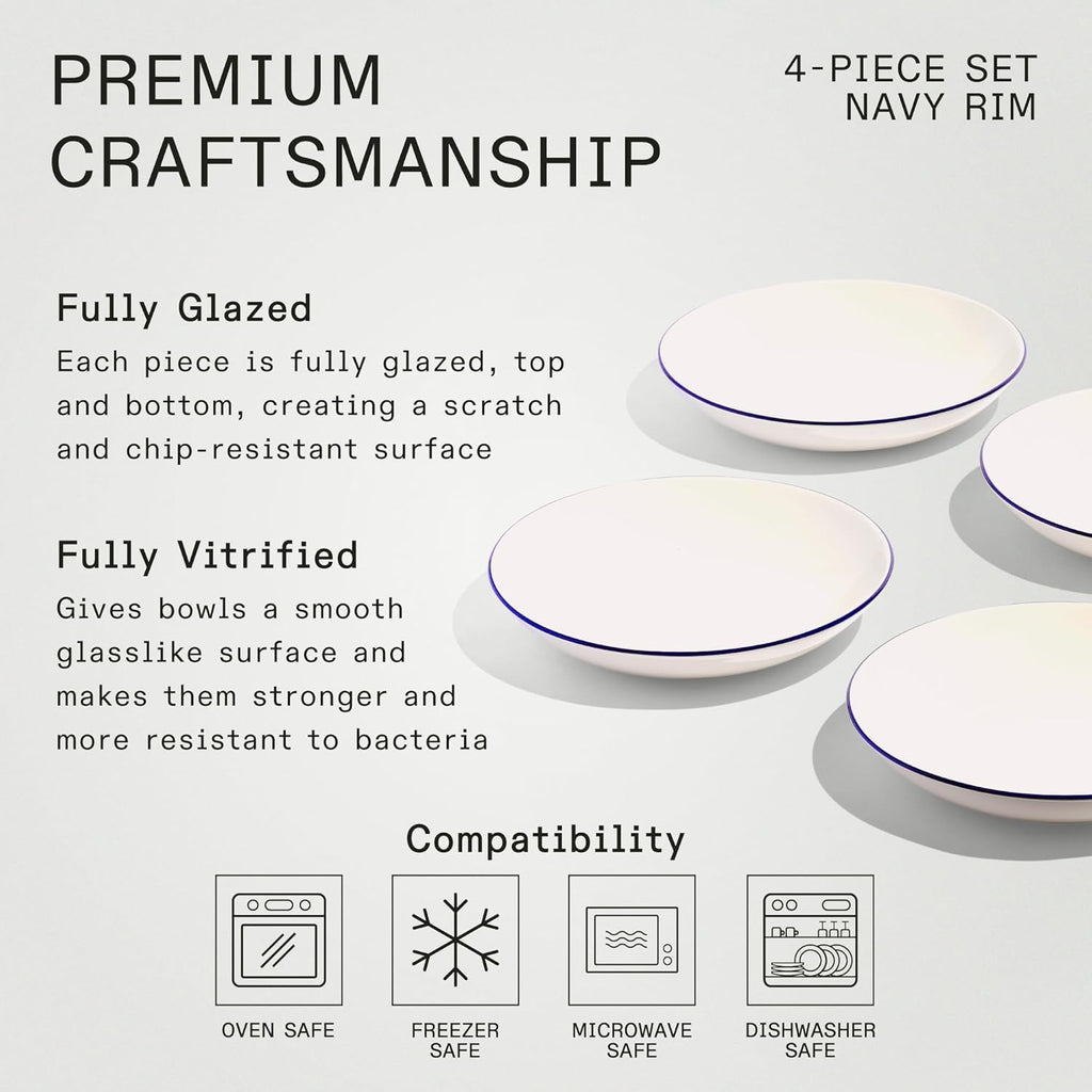 Made In Cookware - Set of 4 - Entrée Bowls - White With Navy Rim - Porcelain - Crafted in England