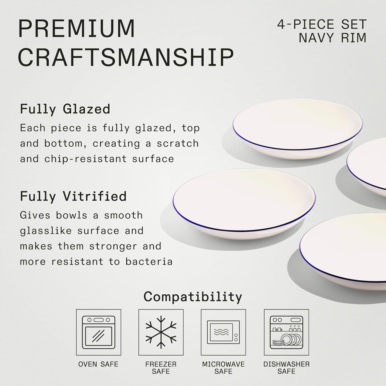 Made In Cookware - Set of 4 - Entrée Bowls - White With Navy Rim - Porcelain - Crafted in England