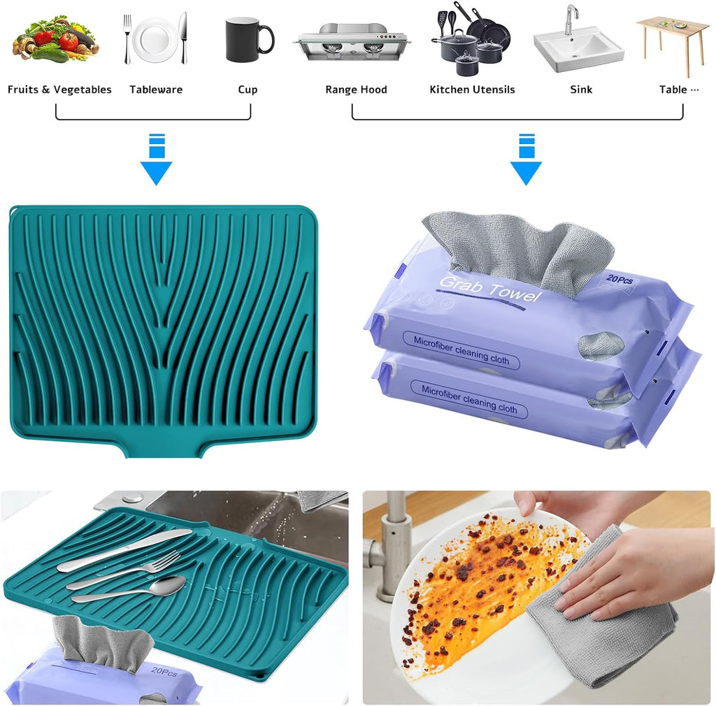 Silicone Dish Drying Mat, Stone Drying Mat for Kitchen Counter with Built-in Drain, Non-Slip 15.8" X 13" Drying Matt Kitchen Counter and Grey Microfiber Cleaning Cloth, Cleaning Rags Set(Green)