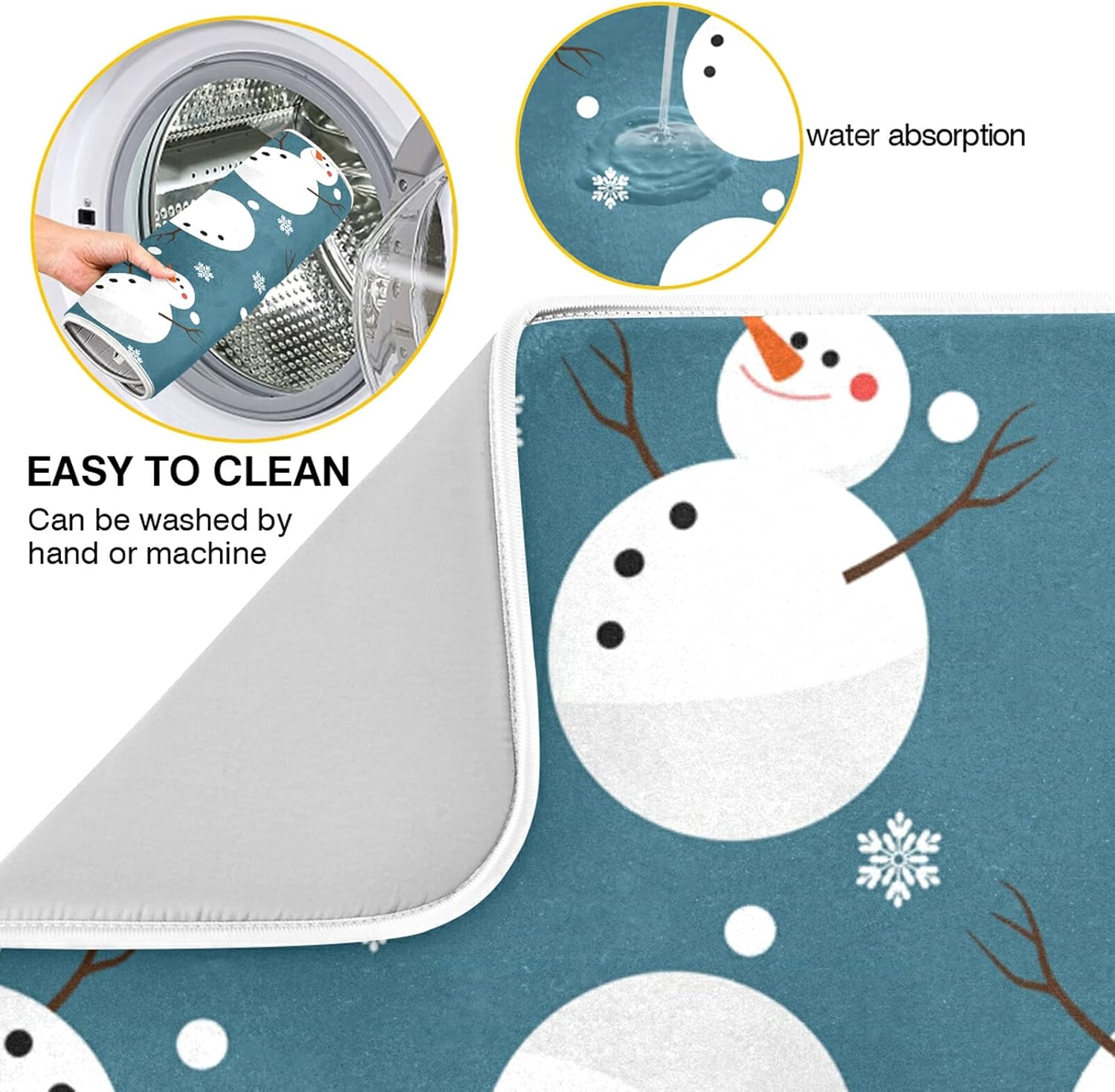 Super Absorbent Dish Drying Mat, Microfiber 23 Fast-Drying Dish Mat, 16" x 18", Kitchen Dish Drying Pad, Snowman Snowflake Cute Christmas Holidays…