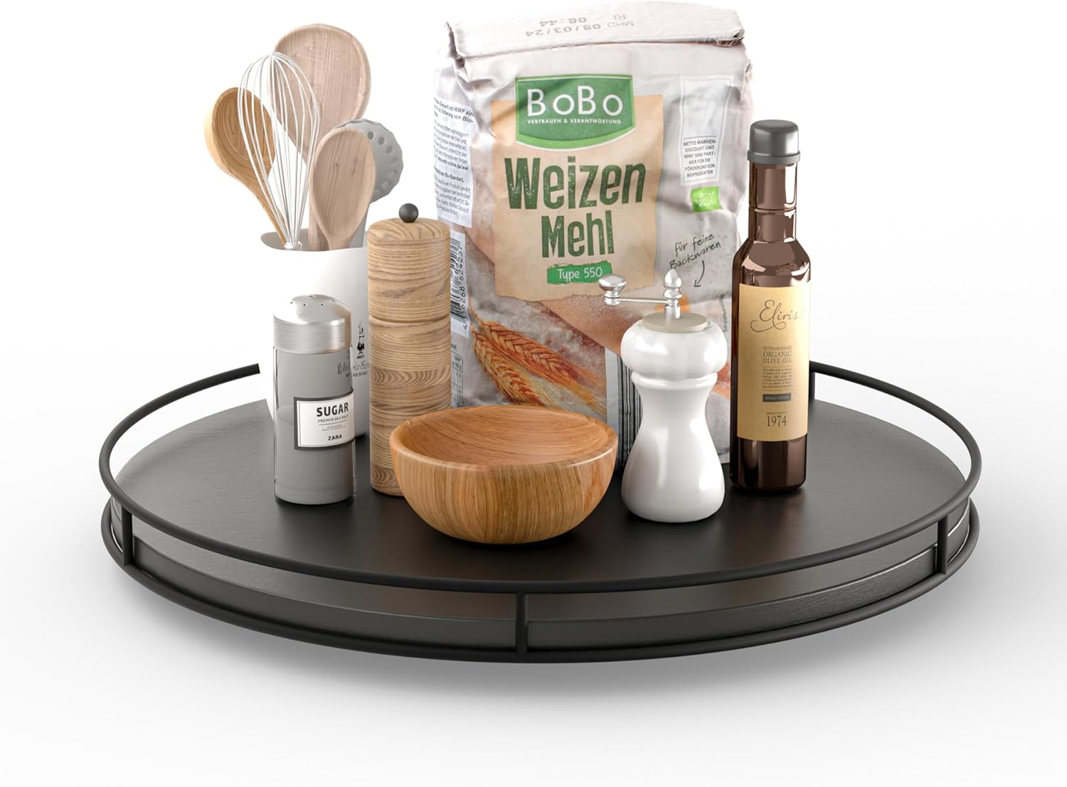 16" Acacia Wood Lazy Susan Turntable with Metal Frame - Large Black Lazy Susans Organizer Countertop Storage - Wooden Serving Tray for Charcuterie Cheese Board - Kitchen Counter Rotating