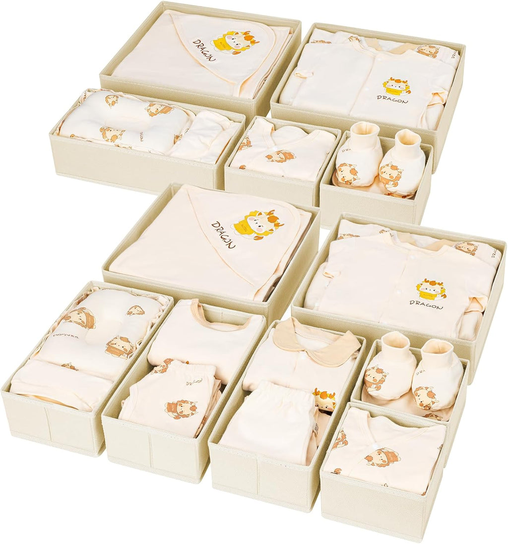 DIMJ Drawer Organizer Clothes 12 Pack - Foldable Baby Organizers and Storage & Dresser Organizer for Bedroom, Closet - Nursery Organization Dresser Dividers for underwear, Sock,Bra, Belt, Tie, Beige