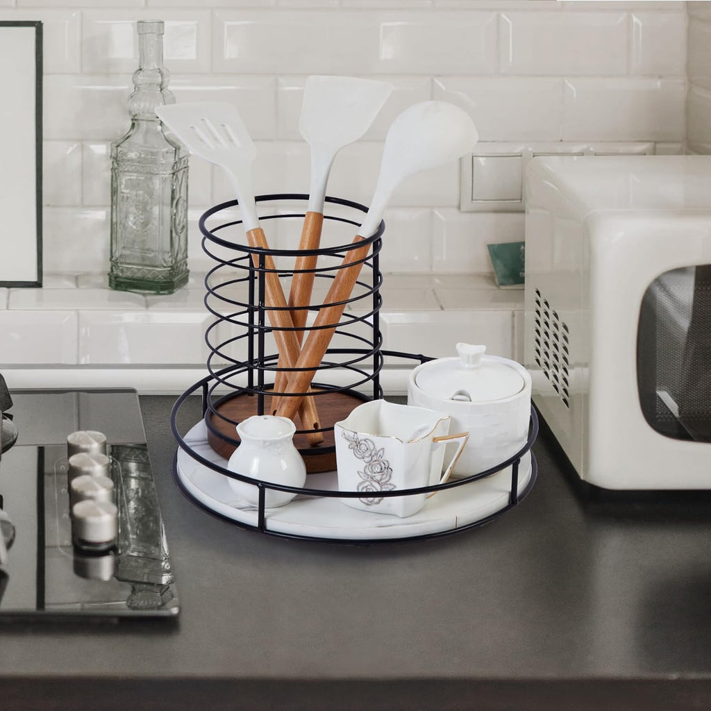 12 Inch White Wood Lazy Susan Turntable for Table, Kitchen Rustic Brown Turntable Organizer with Steel Frame, 360 Degree Decorative Turntable for Countertop Cabinet or Centerpieces