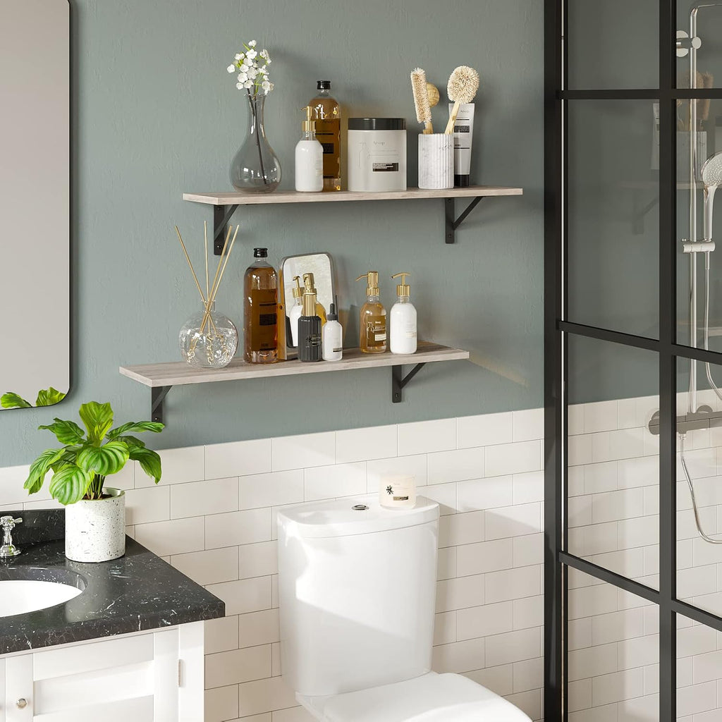 DINZI LVJ Wall Shelves, 23.6 x 7.9 x 6.1 Inch Floating Shelves for Wall, Set of 2, Easy-to-Install Wall Storage Ledges with Sturdy Metal Brackets for Living Room, Bathroom, Kitchen, Greige