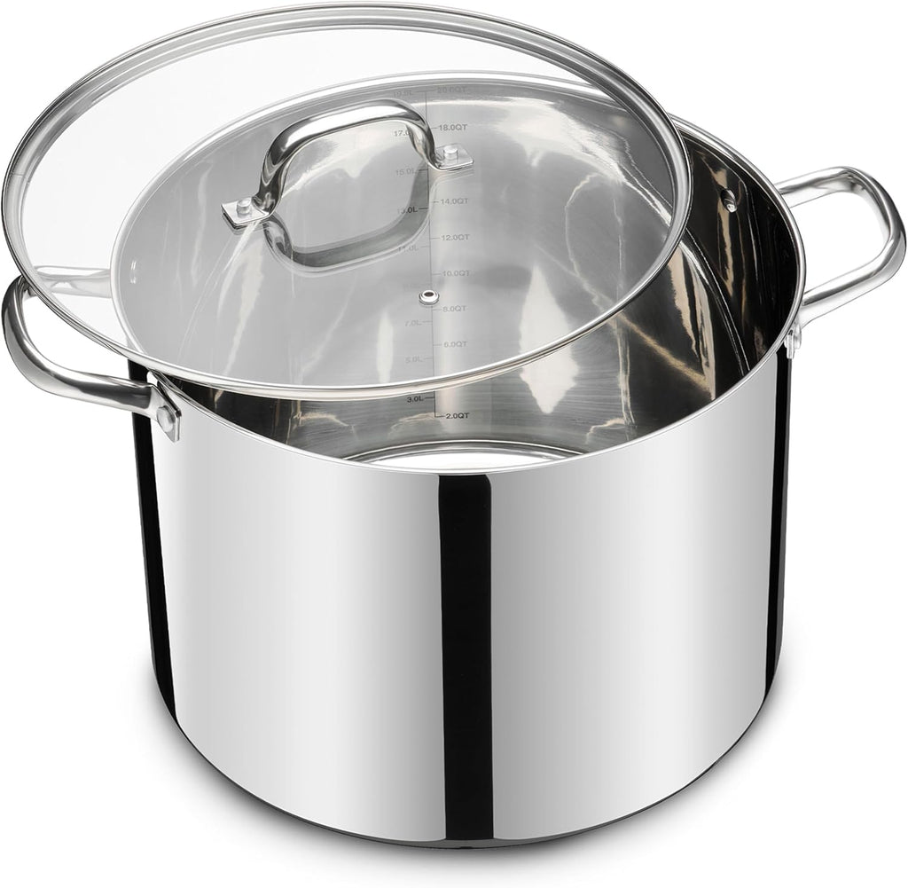 20 QT Stainless Steel Large Stock Pot, LIANYU Heavy Stockpot with Glass Lid, Deep Soup Canning Pot for Stewing Simmering, Tri-ply Base for Induction, Halogen Cooktops, Dishwasher Safe