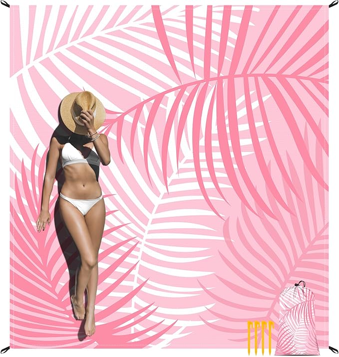 110''×118'' Pink Beach Blanket 2-8 Adults, Large Waterproof Sandproof Beach Mat w/ Stakes & Pockets, Polyester Compact Foldable Sand Free Camping Picnic Blanket for Outdoor, Grass, Park - Palm Leaves