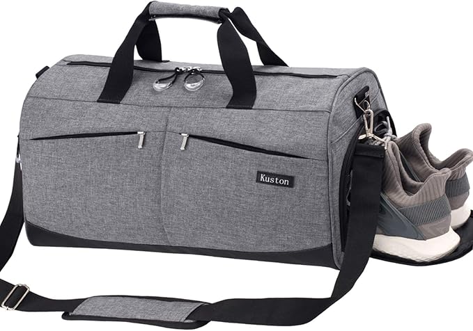 Kuston Sports Gym Bag with Shoes Compartment &Wet Pocket Gym Duffel Bag Overnight Bag for Men and Women-Grey