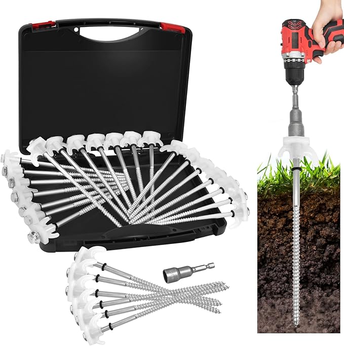 12 Pack 8" Screw in Tent Stakes Heavy Duty- Ground Anchors Screw- Tent Pegs Camping Stakes- Hex Pegs Drillable Tent Stakes and Hexagon Head Drive and Storage Box (White)