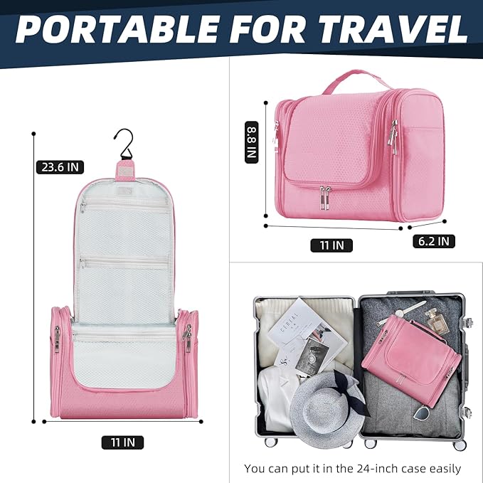 Buruis Large Capacity Toiletry Bag for Women and Men, Hanging Toiletry Organizer Cosmetics Makeup Bag, Water-resistant Dopp Kit Shaving Bags for Full Sized Toiletries, Travel Essentials (Pink)