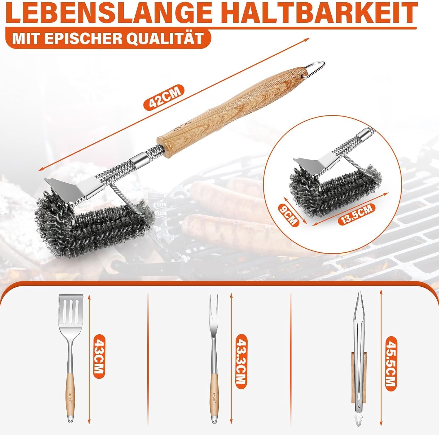 TIVOLI 4PCS Grilling Accessories, Heavy Duty BBQ Tool Set with Stainless Steel Spatula, Tongs, Fork, Cleaning Brush, Wood Handles Barbecue Utensils Kit for Outdoor, Perfect Grill Gifts for Dad Men