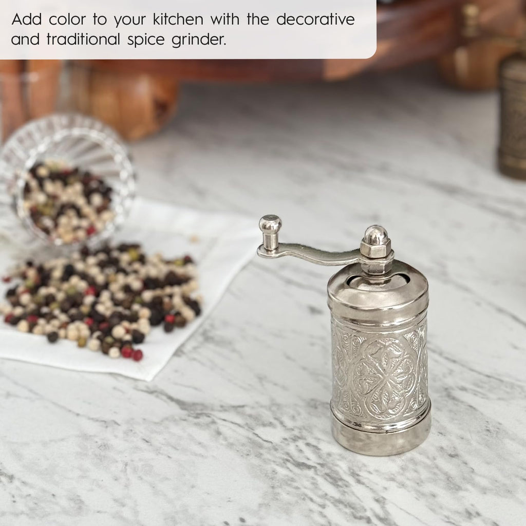 Decorative Handmade Black Pepper Grinder, Refillable Turkish Spice Mill with Adjustable Coarseness, Manual Pepper Mill with Handle, Spice Grinder with Hand Crank 8 cm-3.1 inch