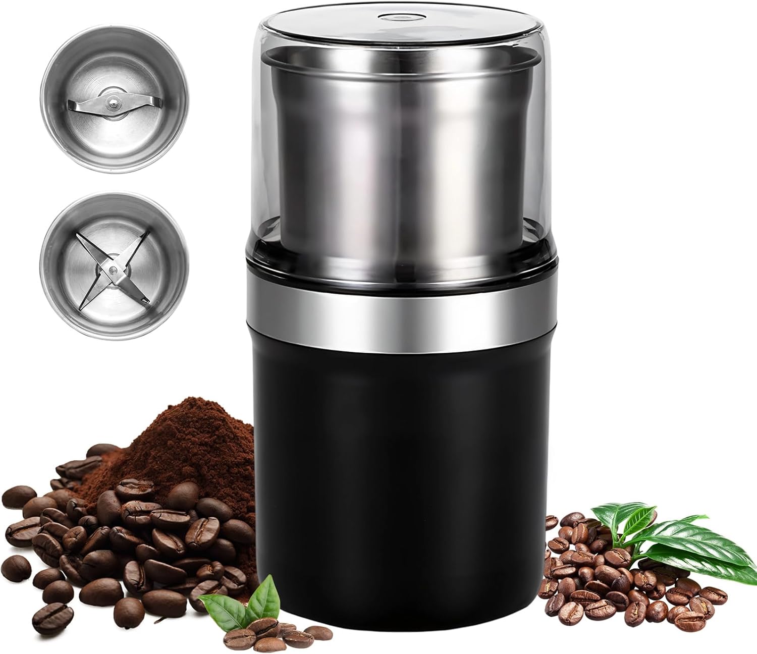 Electric Coffee Grinder, Dual Stainless Steel Bowls for Beans Spices Nuts Wet&Dry Grinding 30000RPM Overheat Protection Compact for Kitchen Herbs Spices Nuts Grains Espresso