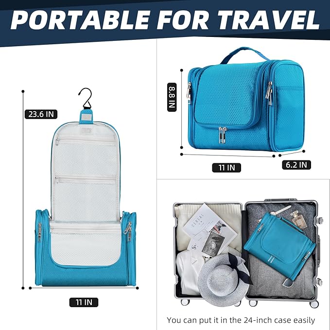 Buruis Large Capacity Toiletry Bag for Women and Men, Hanging Toiletry Organizer Cosmetics Makeup Bag, Water-resistant Dopp Kit Shaving Bags for Full Sized Toiletries, Travel Essentials (Light Blue)