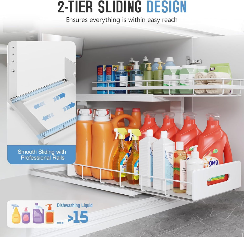 2 Pack 21 IN Depth Pull Out Cabinet Storage With Smooth Rails,2-Tier Dual Pull Out Cabinet Storage For Bathroom Kitchen,Under Sink Shelf-White
