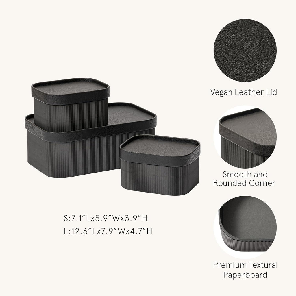 LA JOLIE MUSE Fluted Cardboard Storage Baskets with Leather-Like Lids, Paper Boxes Decorative Tray, Modern Basket Organizer Bins for Jewelry Shelve Bathroom Bedroom Organizing,Black, Set of 3