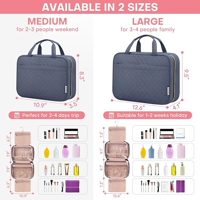 Travel Size Toiletry Bag for Women, Portable Cosmetic Bag with Hanging Hook, Travel Essentials Water-resistant Makeup Organizer for Accessories, Shampoo, Full-size Container, Toiletries