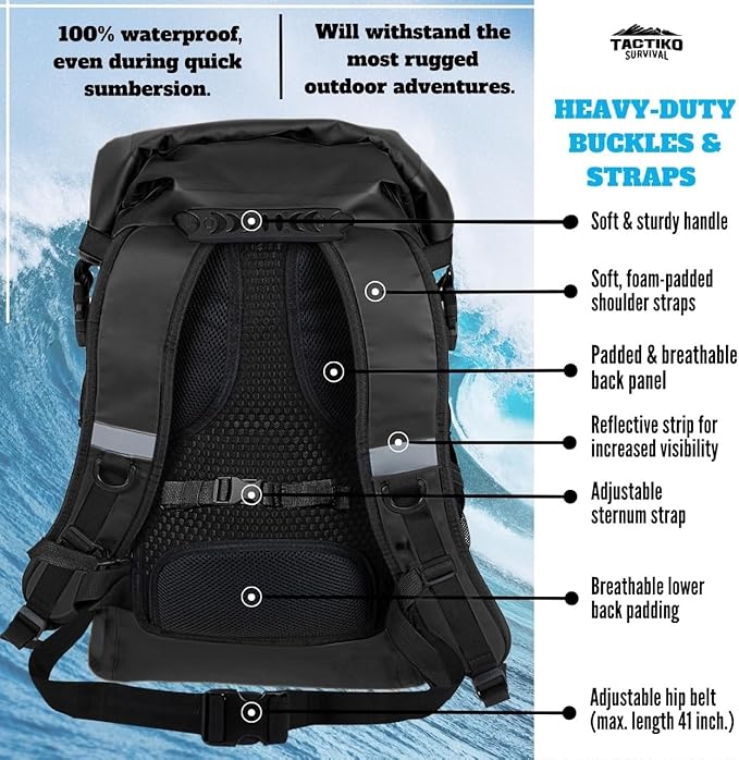 30L Heavy-Duty 100% Waterproof Backpack - Equipment Pocket, Carabiner - Roll Top Floating Dry Bags (Jet Black)