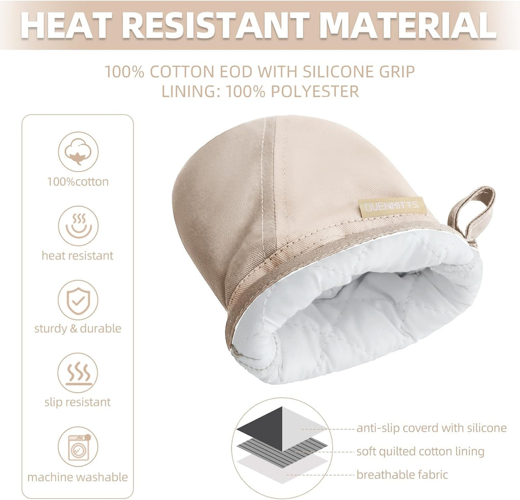 Mini Oven Mitts, Kitchen Oven Gloves Kitchen Mittens 500 Degrees Heat Resistant Baking Gloves, Non-Slip Silicone Surface with Hanging Loops Hot Gloves for Cooking, Baking, BBQ 1 Pair-Khaki