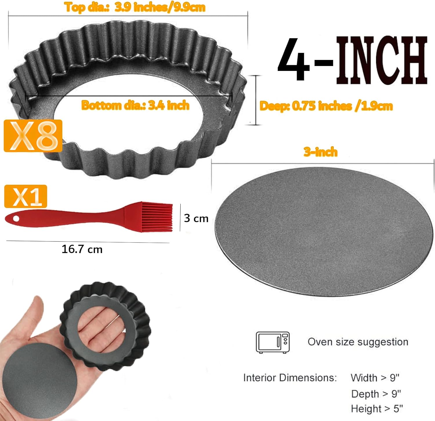 DATANYA 8 Pack Mini Tart Pans 4 Inch with Removable Bottom Round Nonstick Quiche Pan, Heavy Duty Fluted Side for Pies, Mousse Cakes, Dessert Baking (4 Inch 8pcs)