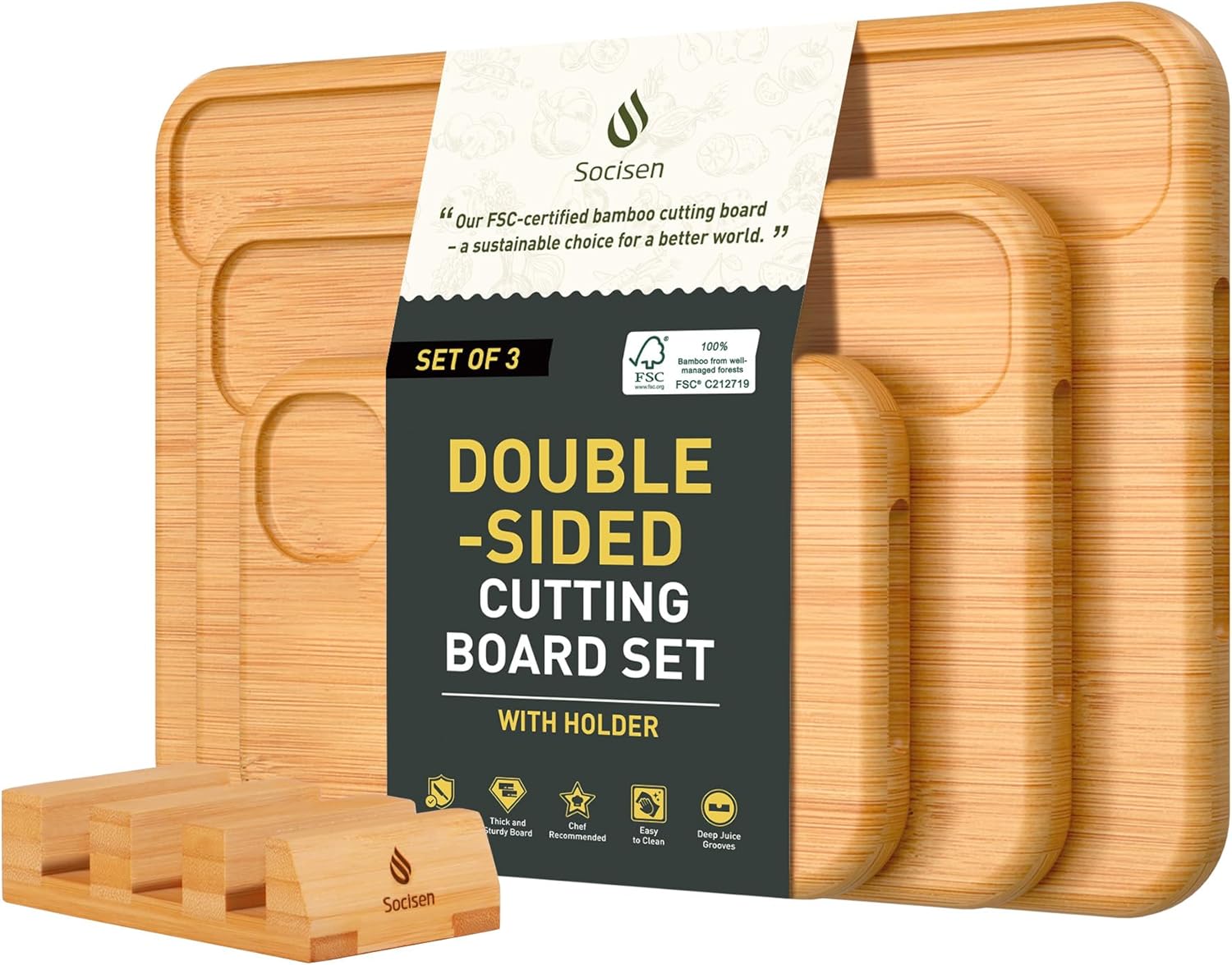 3 Packs Bamboo Cutting Board Set with Holder Wood Cutting Boards for Kitchen with Juice Grooves Built-in Handles, Ideal Charcuterie & Chopping for Meat Vegetables Fruits Kitchen Gift for Home Cooks