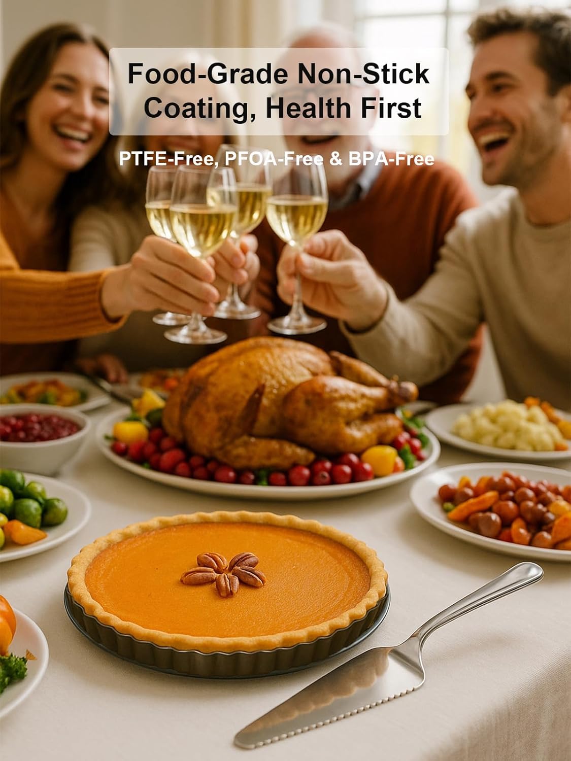 9 Inch Quiche Tart Pans with Pie Cake Server. Removable Bottom, Non-Stick Coating, Rugged Carbon Steel for Tart Quiche Baking. Gift for Women Wife Christmas Thanksgiving Party Festival Family