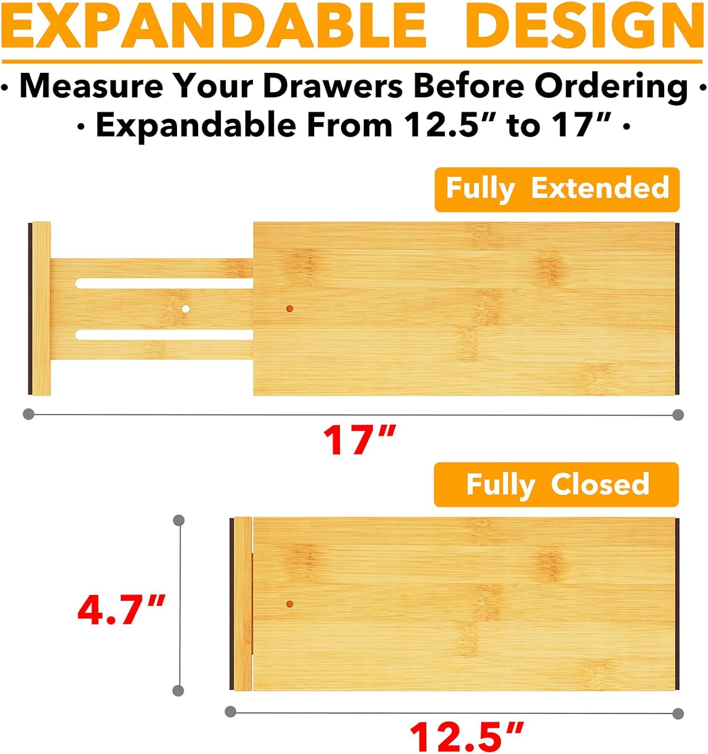 SpaceAid Bamboo Dresser Drawer Dividers 6 Pack, 4.65“ High Adjustable 12.5“-17” Drawer Organizers, Expandable Organization for Clothing, Clothes, Dressers, Natural
