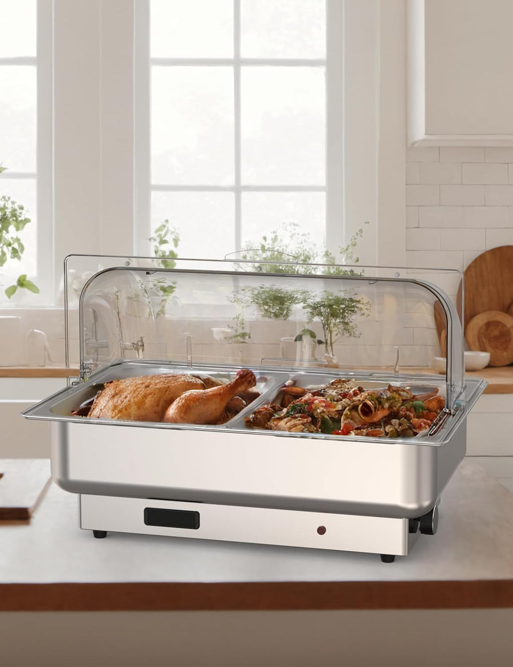 2 Pack Electric Chafing Dishes Adjustable Temp Roll Top Food Warmer with 2 x 4.5 QT Size Pans, Stainless Steel Buffet Servers and Warmers, Temp Display Food Warmer Transparent Lid Chafers for Parties