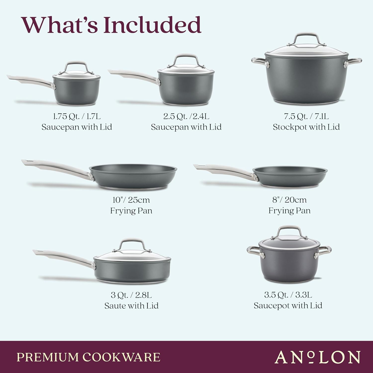 Anolon Accolade Forged Hard Anodized Nonstick Pots & Pans - Induction Cookware Set - 12 Piece - Moonstone Gray